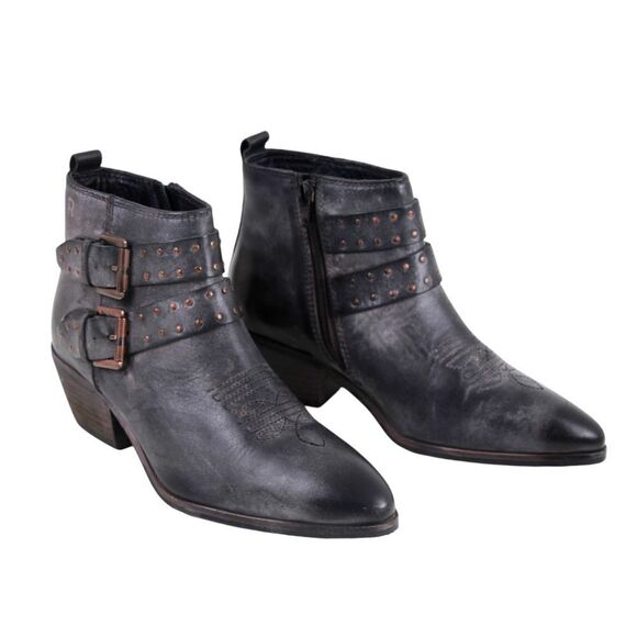 Roan BLACK GENUINE LEATHER MID HEEL POINTED BELTED STUDDED ANKLE BOOTS Size 8.5 - Picture 1 of 9